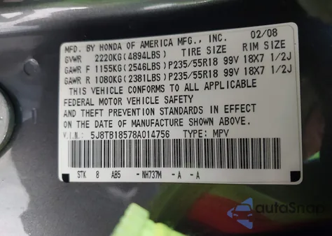 2008 Acura Rdx из США, поврежденный, VIN 5J8TB18578A014756